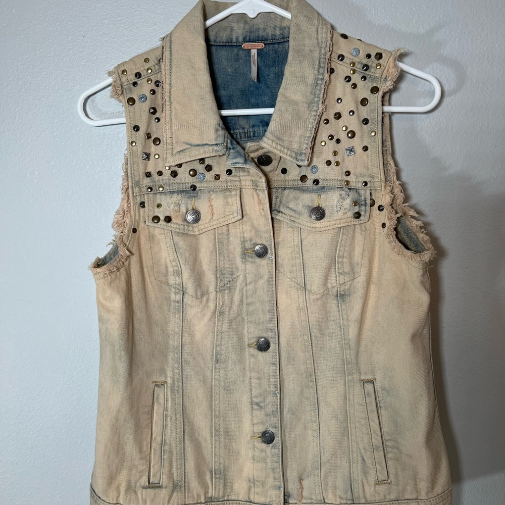Free People Beige Studded Denim Vest